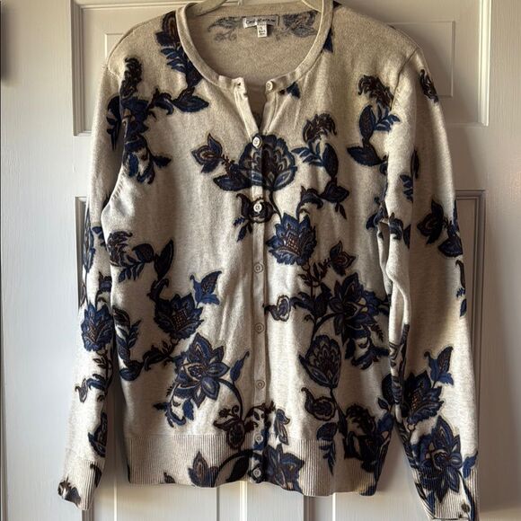 Croft & Barrow Cotton Floral Women's Cardigan Sweater Size Large Tan Beige Blue - Picture 1 of 9